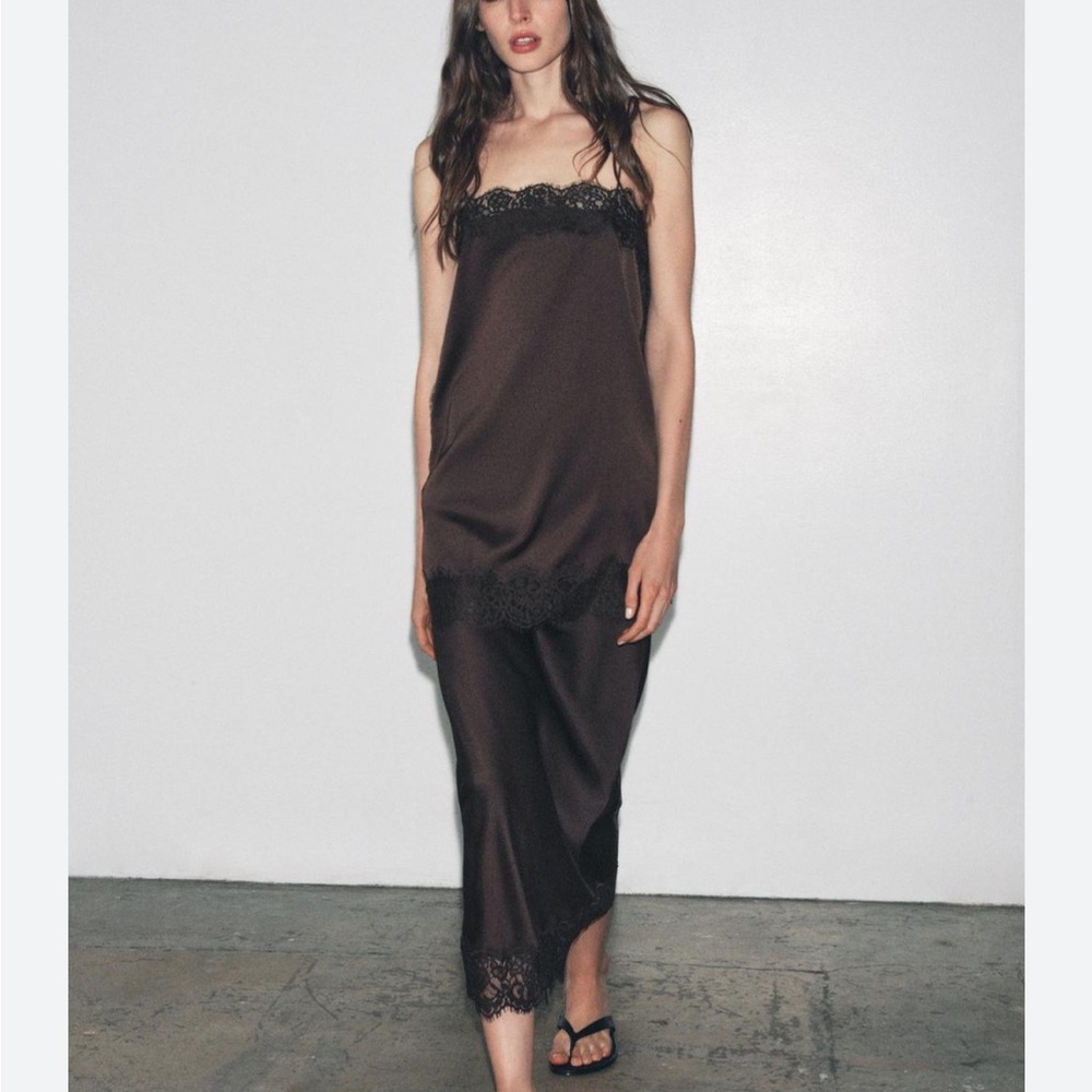 Zara NWT satin effect midi skirt with lace trim brown 5919/207 - Picture 3 of 4